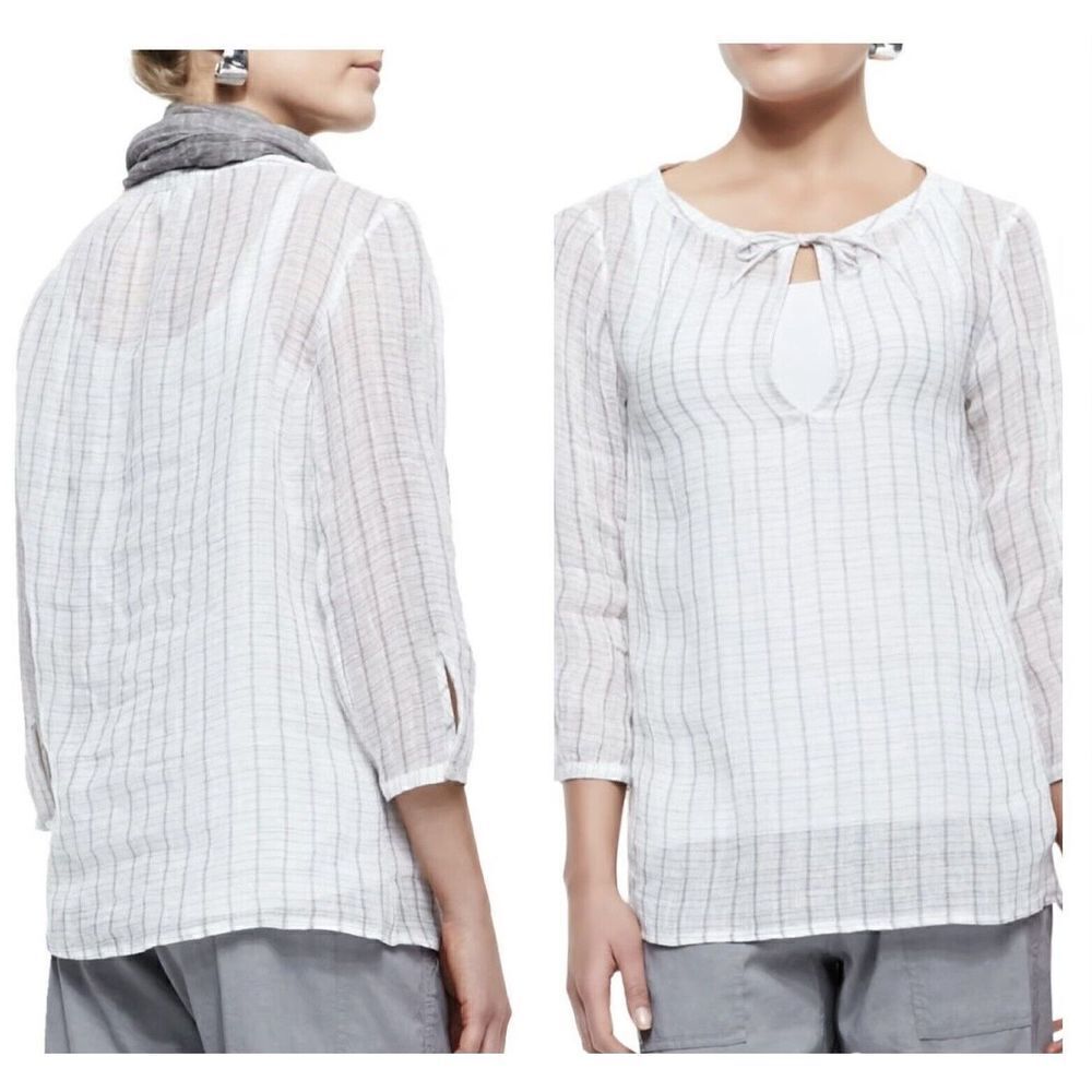 Eileen Fisher White Pinstripe Gauze Tunic Blouse
